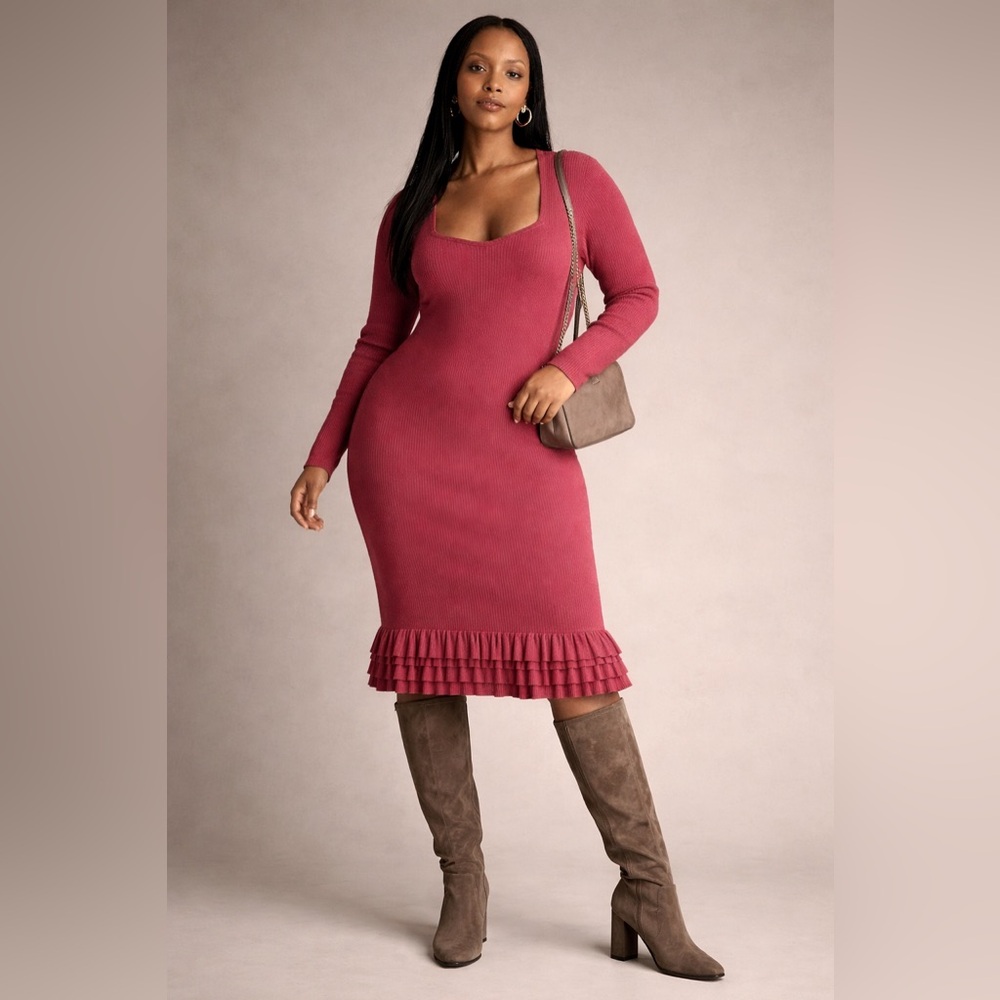 anthropologie plus 2x‎ NWT ribbed midi dress square neck ruffle hem romantic